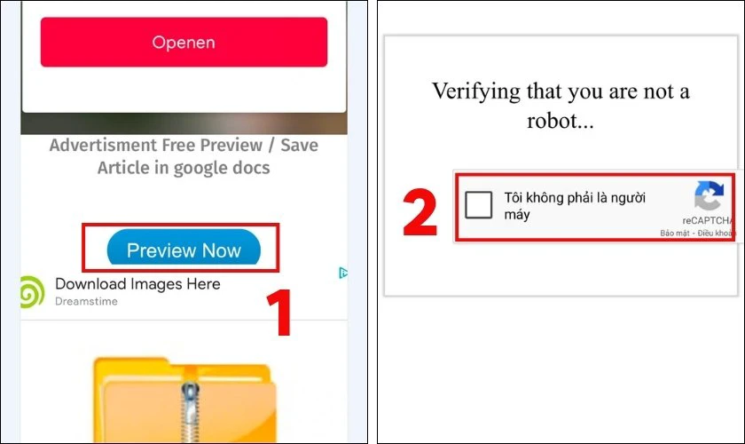 Chọn Preview now và ấn xác nhận Tôi không phải người máy