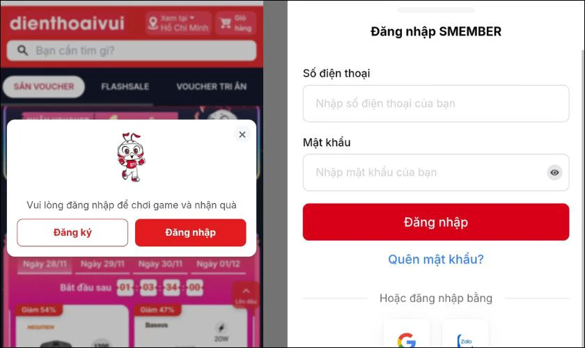 Đăng nhập tài khoản Smember/Đăng ký mới tài khoản