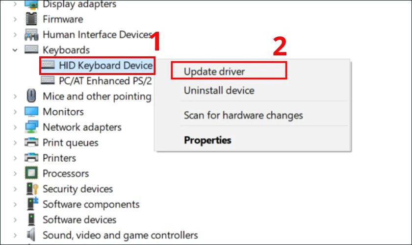 Mở rộng mục Keyboards, nhấp chuột phải vào bàn phím và chọn Update driver