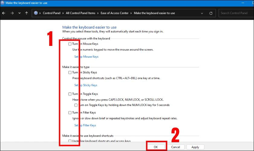 Mở khóa bàn phím laptop Lenovo bằng Control Panel