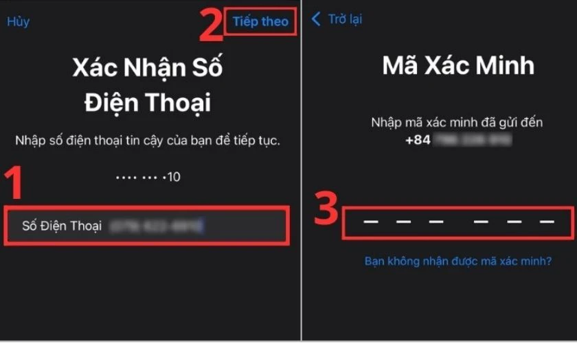 Bạn nhấn Tiếp theo và đợi mã gửi về số điện thoại