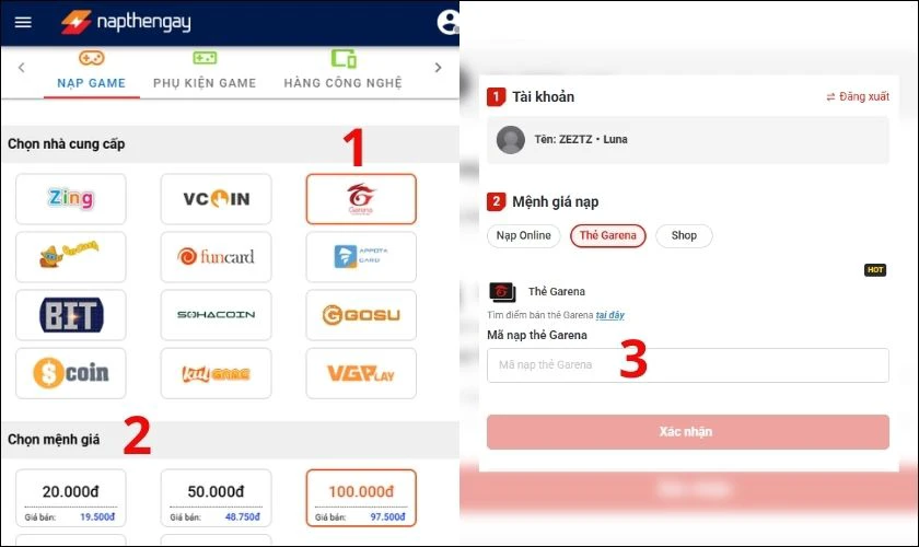 Nạp thẻ.vn Free Fire bằng MoMo