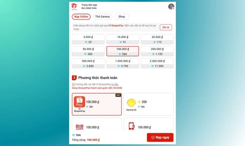 Nạp thẻ.vn Free Fire bằng Shopee Pay
