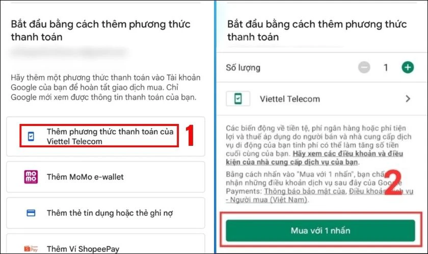 Chọn vào thêm phương thức thanh toán của Viettel Telecom