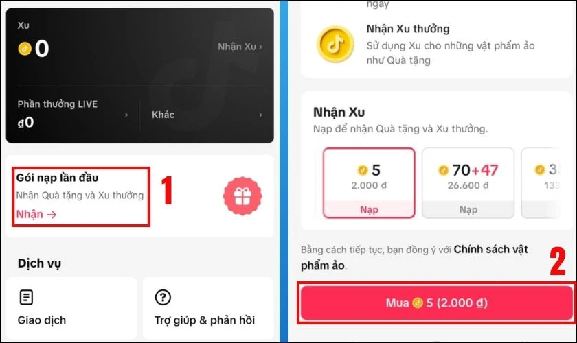 Nhấn Nạp hoặc Ưu đãi mua xu lần đầu