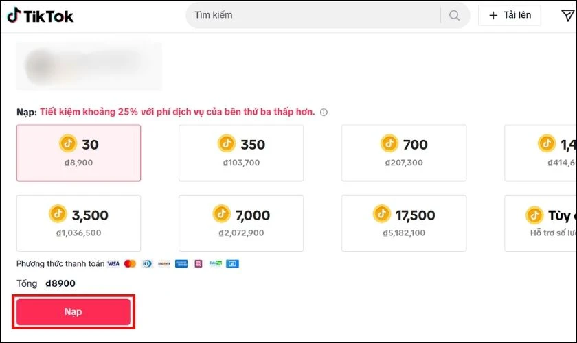 Chọn vào số xu bạn cần nạp và nhấn Nạp