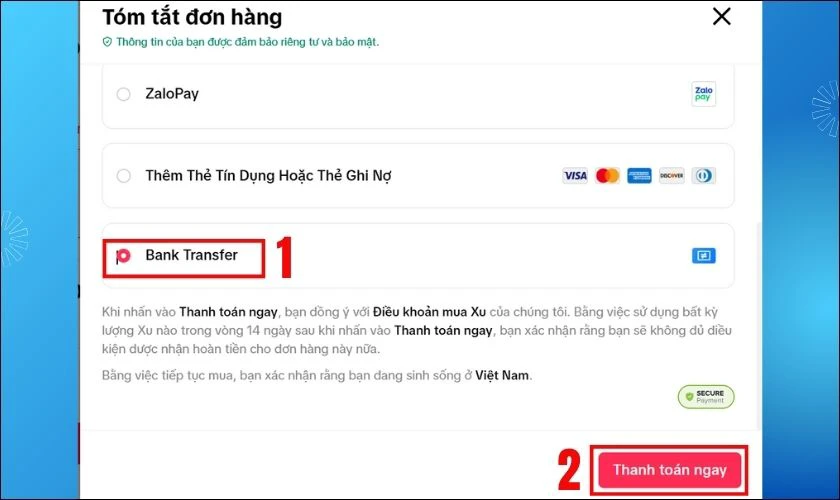 Cách nạp xu TikTok bằng tài khoản ngân hàng