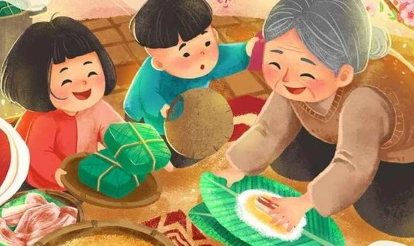 Ảnh gói bánh chưng cùng gia đình