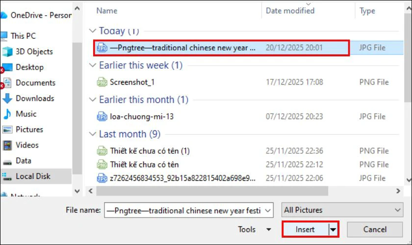 Chèn ảnh từ thư mục máy tính
