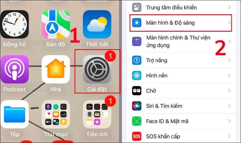 Vào Cài đặt chọn Màn hình và độ sáng