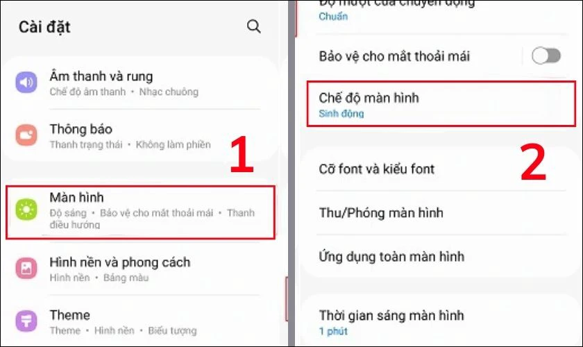 Chọn chế độ màn hình trong tab Màn hình