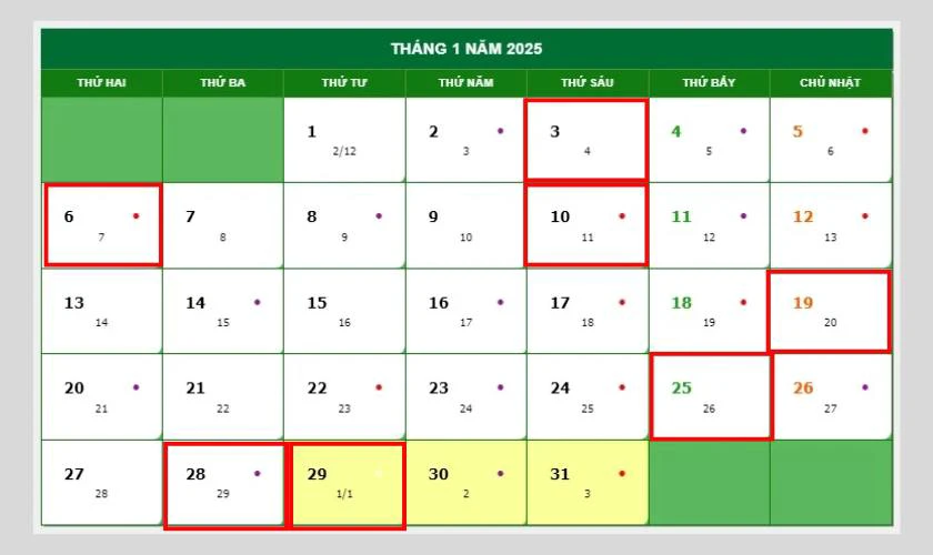 Ngày tốt tháng 1/2025 tài lộc