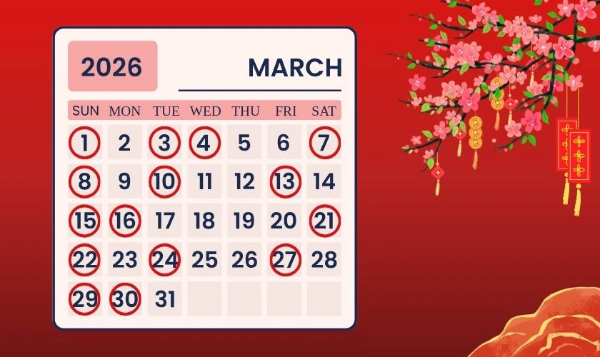 Ngày tốt tháng 3 năm 2026 Bính Ngọ tài lộc, may mắn