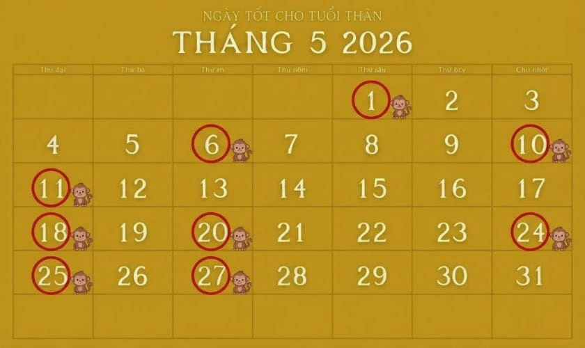 Xem ngày tốt tháng 5 năm 2026 tuổi Thân
