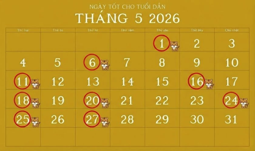 Xem ngày tốt tháng 5 năm 2026 tuổi Dần