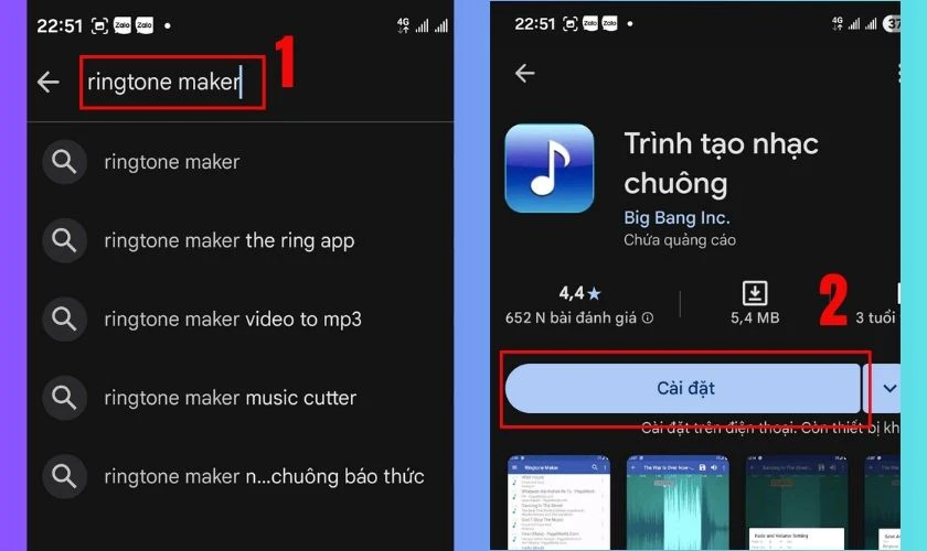 Truy cập ứng dụng CH Play, nhập tìm Ringtone Maker và tải về