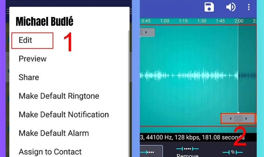 Chọn Edit, kéo hai thanh màu xám để chọn đoạn nhạc mong muốn
