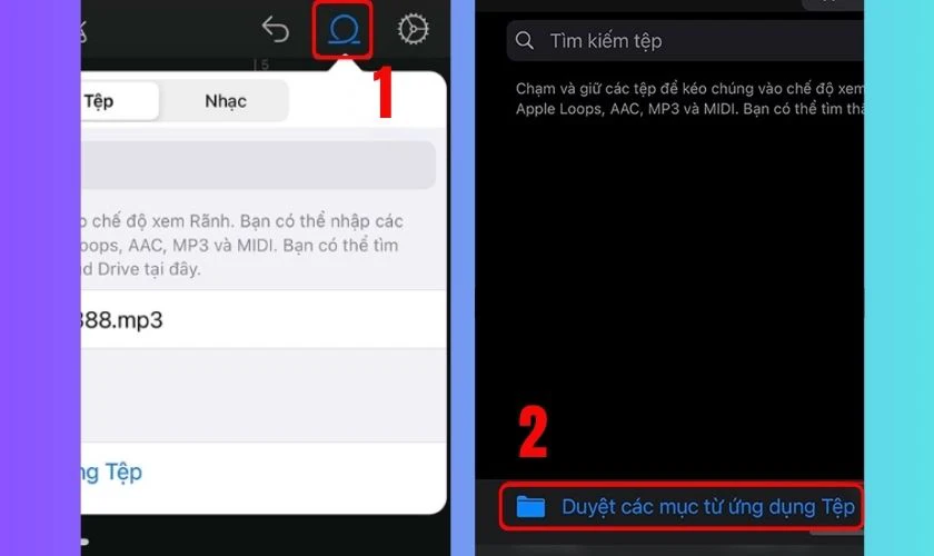Nhấn vào biểu tượng Loop, chọn Duyệt các mục từ ứng dụng Tệp