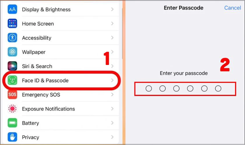 Vào Cài đặt trên iPhone, chọn vào Face ID & Mật mã