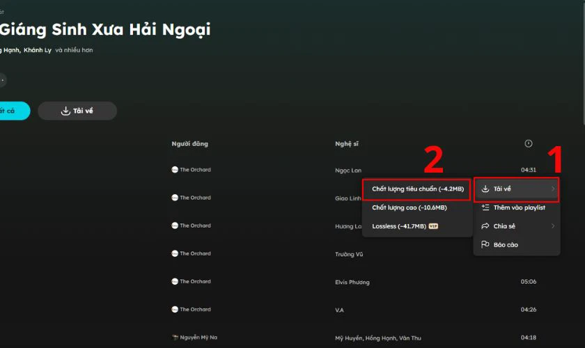 Chọn chất lượng file nhạc (thường MP3 128–320kbps) và nhấn nút Tải về