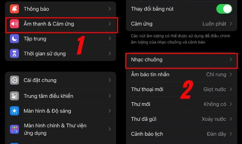 Mở “Cài đặt”, chọn “Âm thanh & Cảm ứng” và chọn mục “Nhạc chuông: