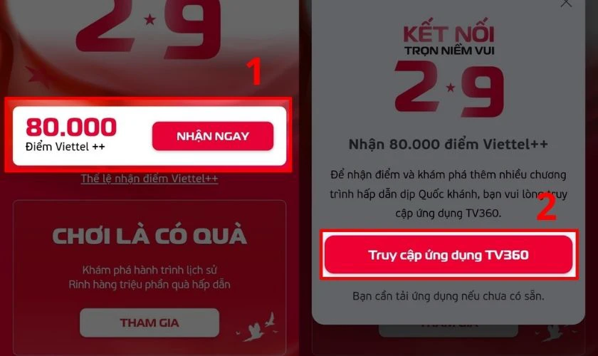 Chọn Nhận ngay, chọn Truy cập ứng dụng TV360