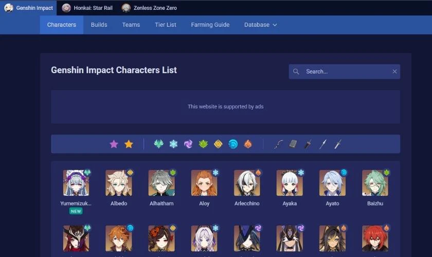 Web xem chỉ số nhân vật Genshin Impact