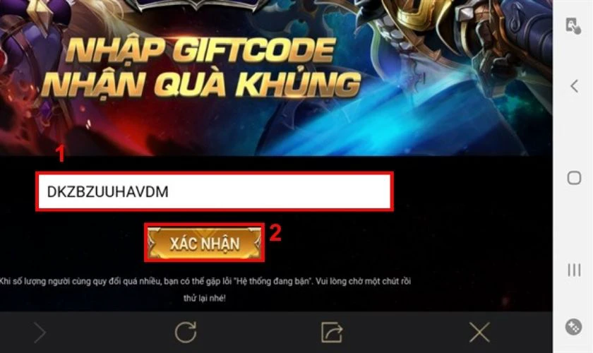 Nhập code ở trên vào ô và chọn Xác nhận