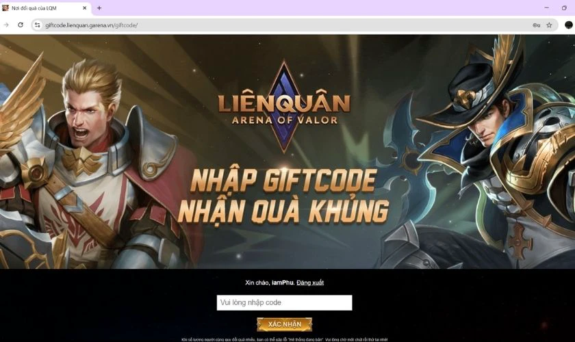 Nơi nhập code liên quân trên máy tính