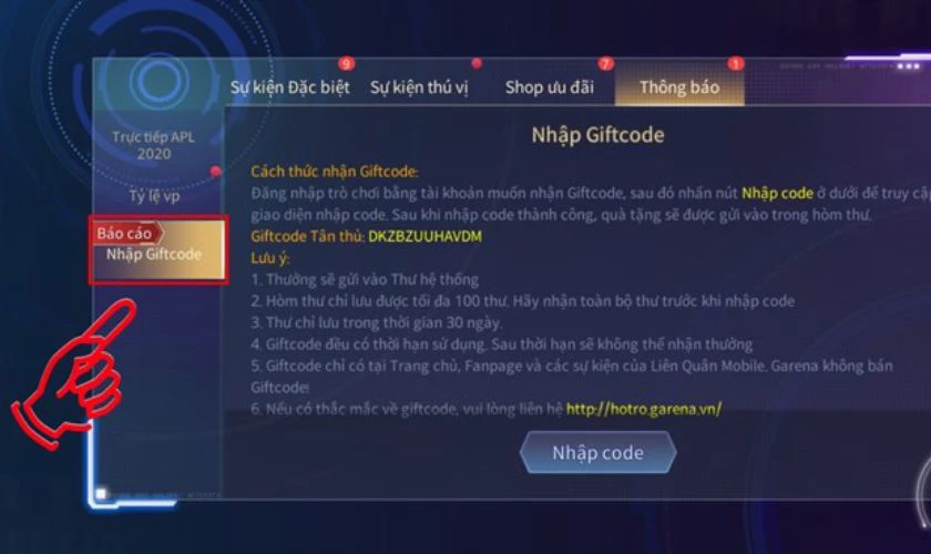 Chọn Nhập Giftcode