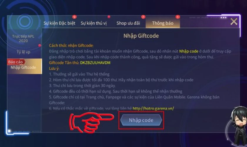 Chọn Nhập code
