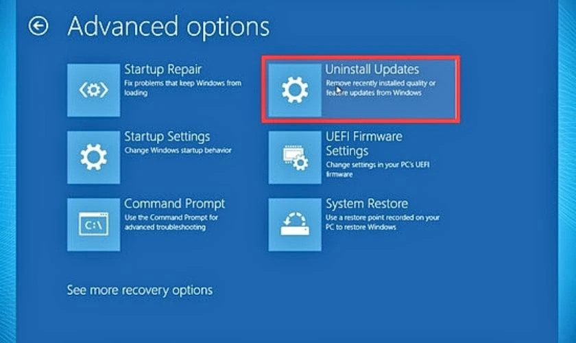 Sau khi máy khởi động lại, hãy điều hướng đến mục Advanced Options và chọn Uninstall Updates