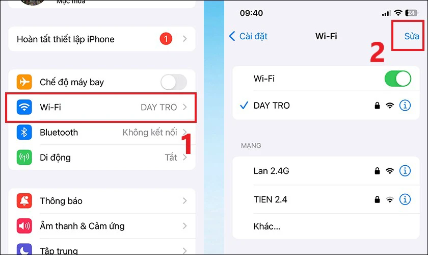 Chọn mục Sửa để tìm thấy mạng WiFi đã lưu