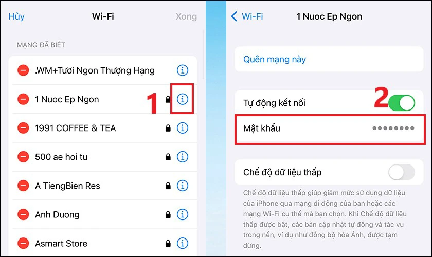 Nhấn vào biểu tượng i bên cạnh mạng WiFi