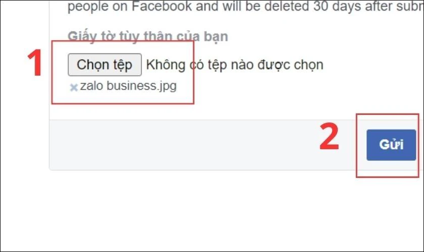 Cần tải lên ảnh chụp CCCD/CMND và chọn Gửi và chờ thông báo từ Facebook