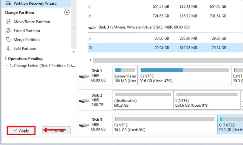 Cuối cùng nhấp vào nút Apply để tất cả thay đổi được thực hiện và khắc phục ổ cứng bị Unallocated