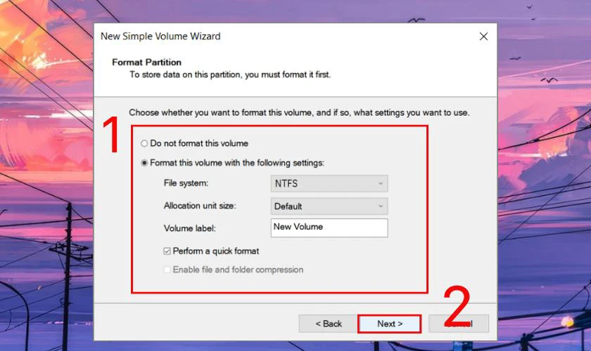 Trong bảng tùy chọn New Simple Volume, bạn điều chỉnh các mục như ảnh dưới rồi bấm Next để khắc phục ổ cứng bị Unallocated