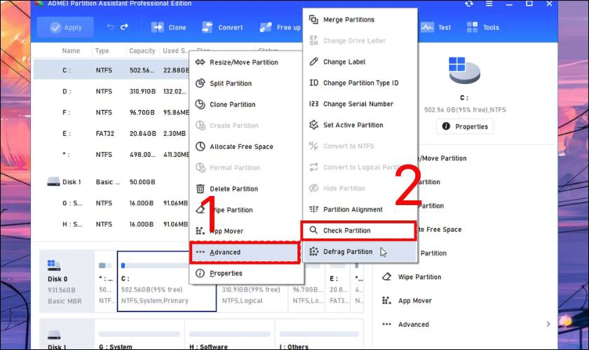 Chọn Advance và click Check Partition