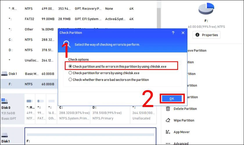 Sau đó chọn tiếp check partition and fix error in this partition by using chkdsk.exe. Tiếp tục nhấp OK và đợi hoàn thành