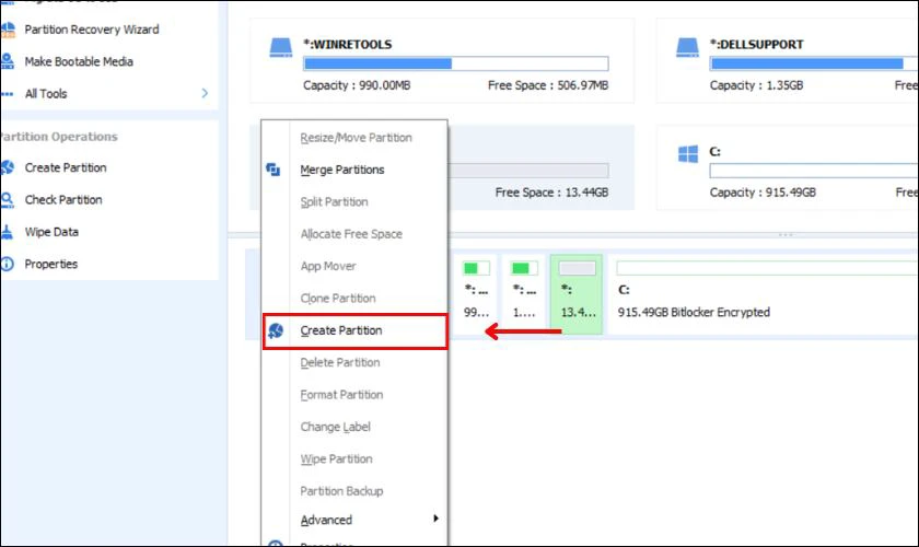 Khởi chạy AOMEI Partition Assistant, click chuột phải vào ổ cứng chưa phân vùng chọn Create Partition