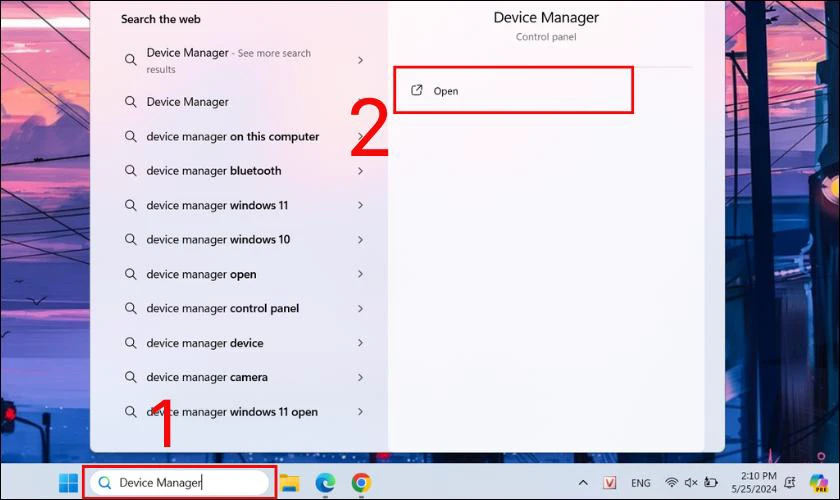 Bạn nhập Device Manager vào thanh Search trên màn hình laptop. Tiếp theo nhấn Open để khắc phục ổ cứng bị Unallocated