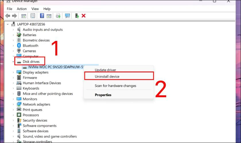 chọn Disk Drives của bạn và click chuột phải nhấn vào Uninstall device