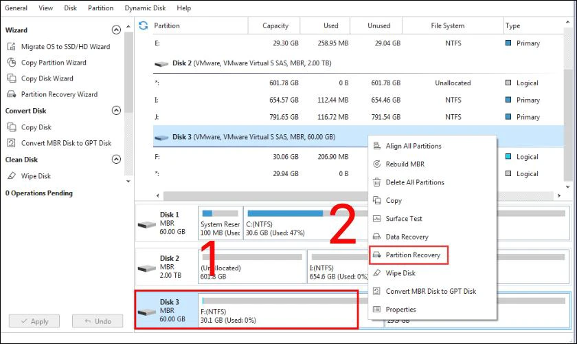 Tiếp tục nhấp chuột phải và chọn Partition Recovery từ Menu contex