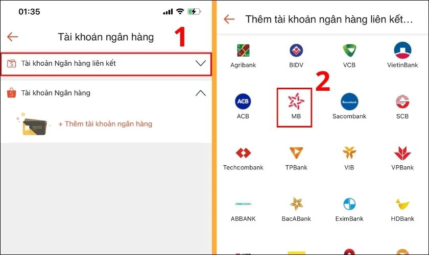 Bạn tiếp tục chọn Tài khoản Ngân hàng liên kết