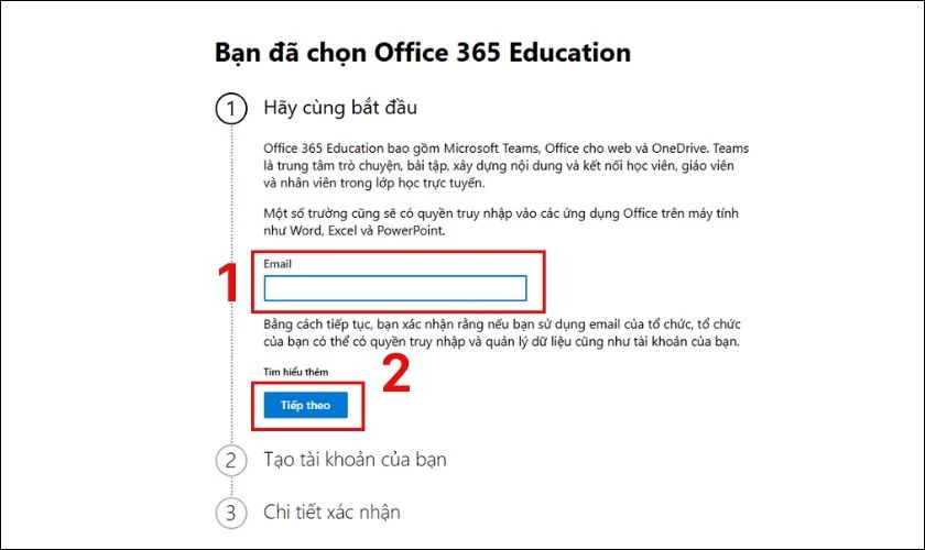 Nhập địa chỉ email do trường đại học hoặc cao đẳng cấp, nhấn Tiếp theo