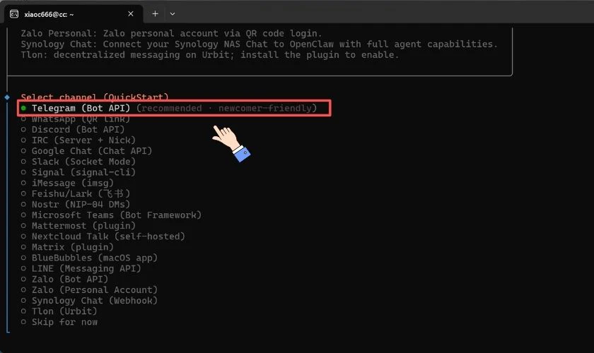 Cách cấu hình kênh trò chuyện của Openclaw.ai là gì - Chọn kênh Telegram