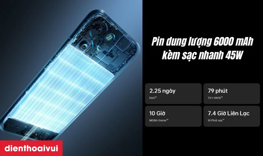 Pin dung lượng lớn 6000 mAh k&egrave;m sạc nhanh 45W
