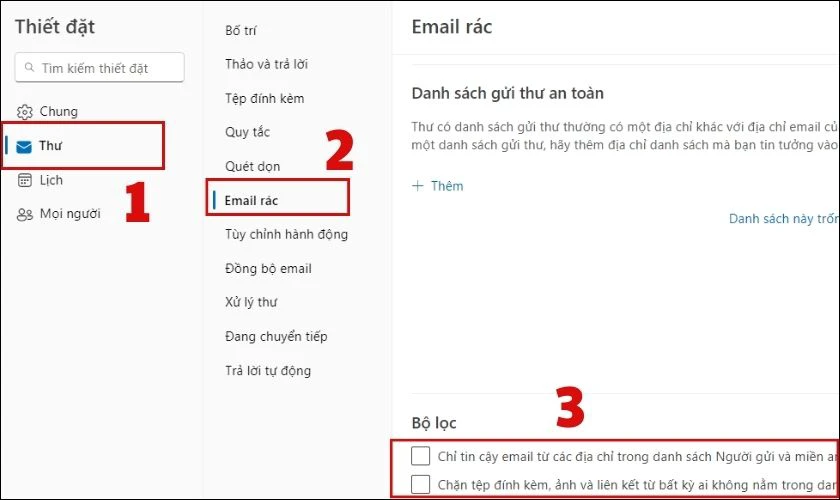 Tại đây, nhấp chọn Thư và Email rác