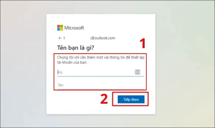 Điền họ tên của bạn rồi nhấn Tiếp theo