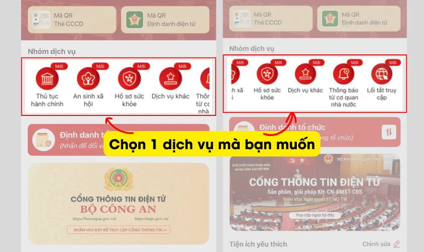 Chọn một dịch vụ bất kỳ trong VNeID